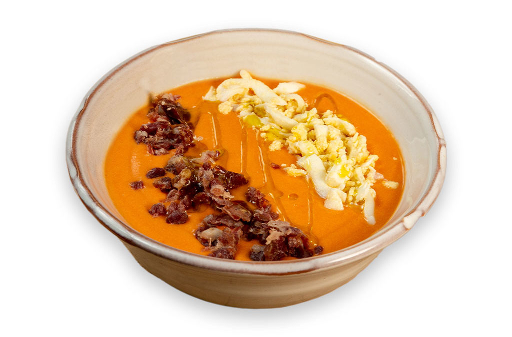 Salmorejo cordobés emulsionado con aceite de oliva, jamón ibérico y huevo