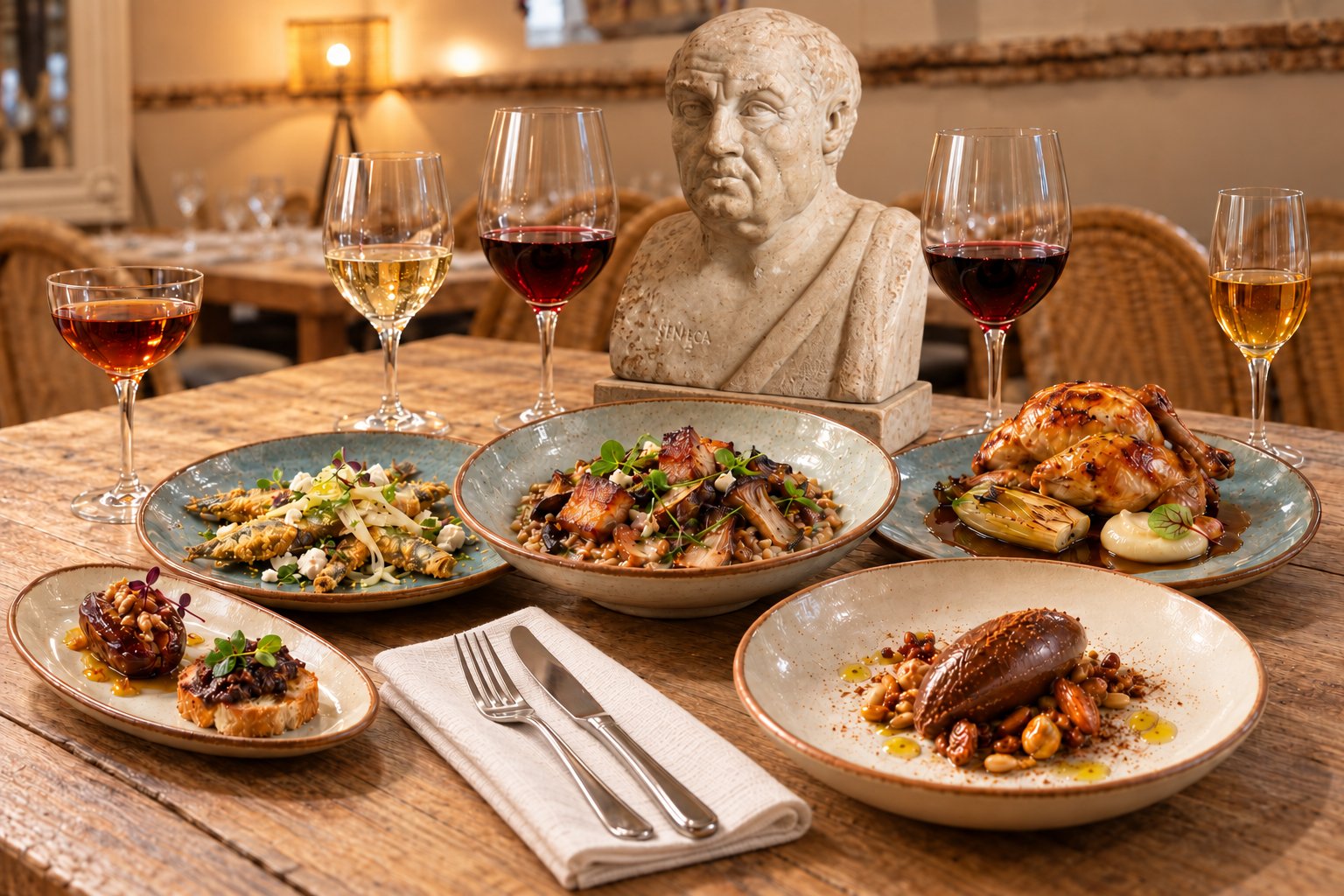 Platos y vinos de la Cena Maridaje Homenaje a Séneca con el busto del filósofo en Bodegas Mezquita Corregidor